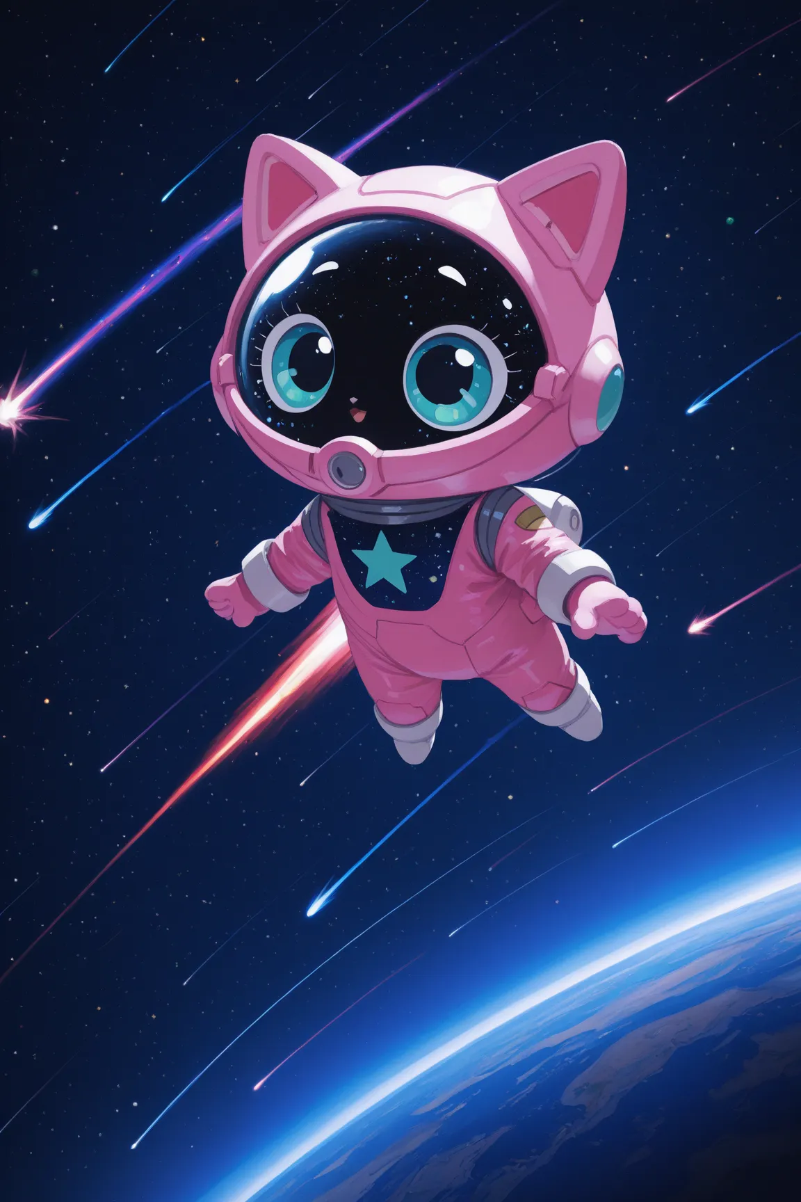 masterpiece, best quality, amazing quality, very aesthetic, Illustration of cute kittens in space suits floating among stars and planets. The kittens have big eyes and soft features, and their suits are decorated with small stars and planets, background is...