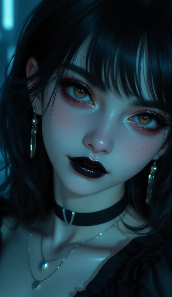 1girl, solo, anka, goth girl,  seductive, black lipstick, choker, earrings, (((black eyes, black sclera))), large eyes,
looking at viewer, dynamic light, eyeliner, cinematic light, close up, face focus, cinematic colors