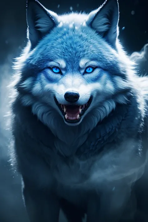 ((masterpiece)),(best quality, 8K resolution, Semi-realistic, cinematic lighting), light blue 1 small wolf, blue eyes,angry, winter,(open mouth),blue smoke,night