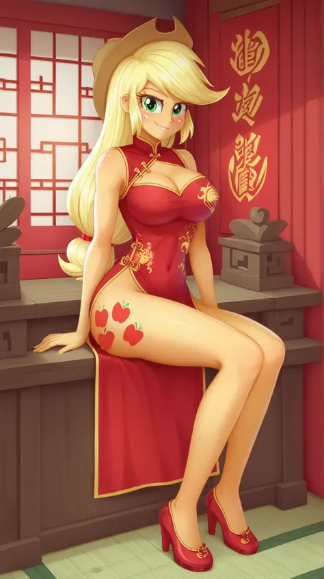 safe_pos, score_9, score_8_up, score_7_up BREAK , applejack, human, equestria girls, g4, BREAK large breasts, BREAK looking at you, cheongsam, inside of a chinese temple, full body view, no hat