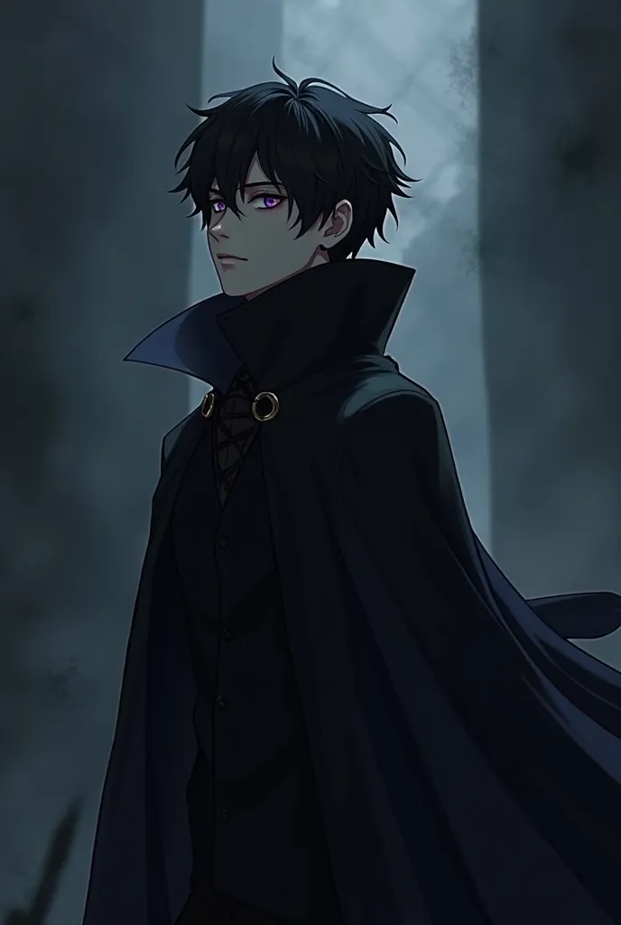  Male character with purple eyes, a short, soft, layered black cut, wearing a cape, and looking viciously at his side