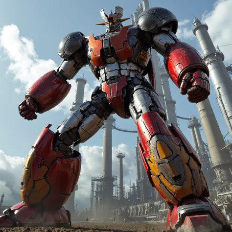  a very realistic version of Mazinger Z like the god of steel,  is in a battle pose while leaning forward at a height of 100 meters　Nuclear reactor equipment, cutting-edge science, giant plant 　 under construction and being converted into a Great Mazinger ...