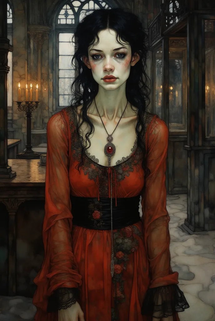 A close-up portrait of a hauntingly beautiful woman stands in a dimly lit, gothic chamber, evoking the ethereal allure of Carmilla as described by Sheridan Le Fanu. Her pale, flawless complexion glows faintly in the muted light, and her long, cascading hai...