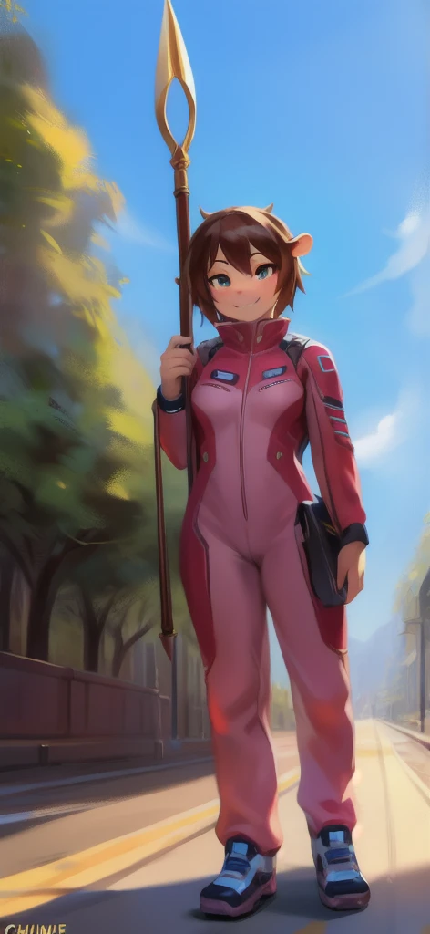  ตามลำพัง , female​ Tall​ ,model, ยืน, road,hippo female , Holding a trident spear like a great god., pink military spacesuit ,  น้ำหนักเกิน ,  มัดกล้ามเนื้อ, ยิ้มร้าย , โดย chunie