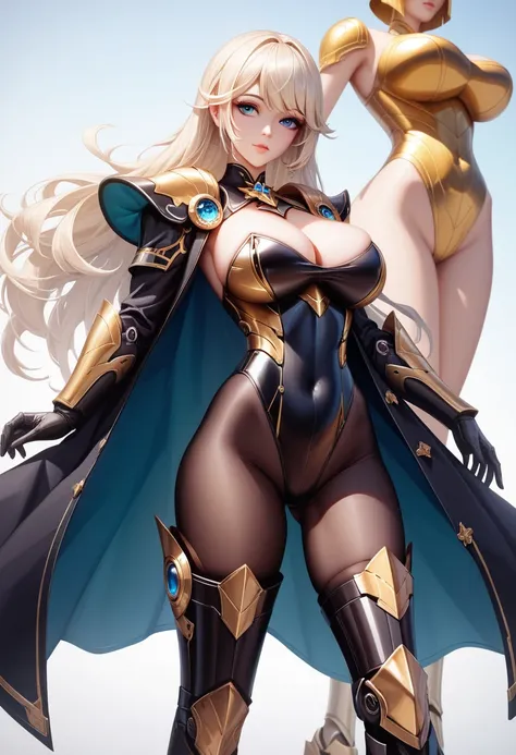 (( masterpiece)),(( High quality)),((8k)),((fantastic art)),( alone),1 , perfect face,fantasy world,((royal guard)),(( white paladin robot armor )),(( smooth platinum blonde hair )), (( black leotard glued to the body )),(( gold sculpture swimsuit )),(( bi...