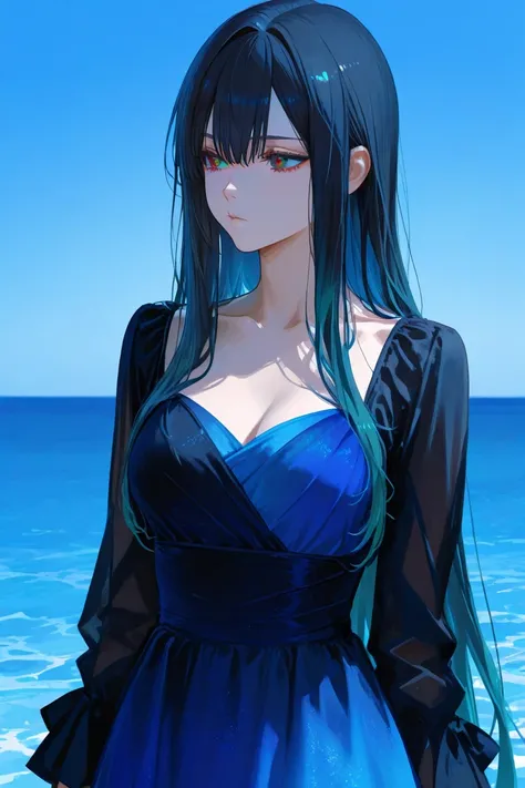 a girl with red eyes and black long hair. Wearing a red mixed with black colour dress is Kissing another golden brown and long haired girl with emerald eyes, wearing a blue sky mixed blue ocean colour dress.