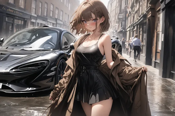 (masterpiece, detailed:1.2), One Girl, (18-years old), brown long Bob Cut, Medium Breasts, off shoulder, BREAK, Highest quality, in UK, BREAK, standing, deep Blue metallic "McLaren 750S", from avobe