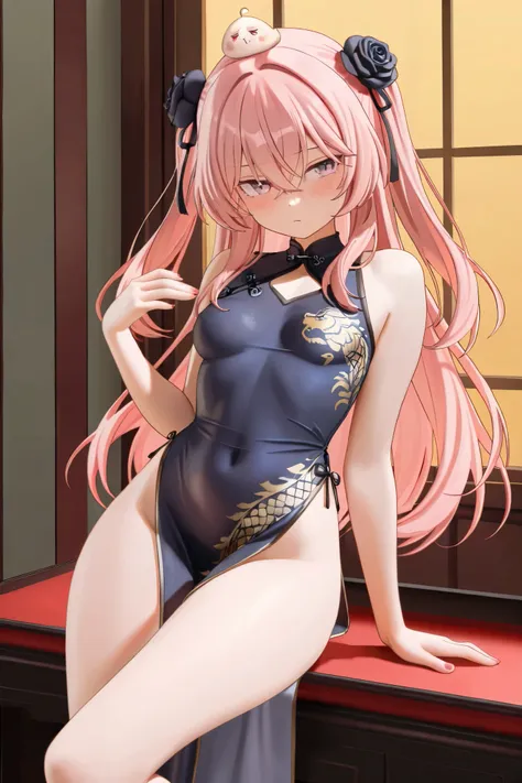 NSFW, Masterpiece, best quality, high resolution, very detailed, Sajuna Inui\( that dress-up doll falls in love\), pink hair、bangs、 shirt、 hair between eyes, two side up、 hair flower、Black Rose, China dress with a bun on the head, sleeveless,Chinese restau...