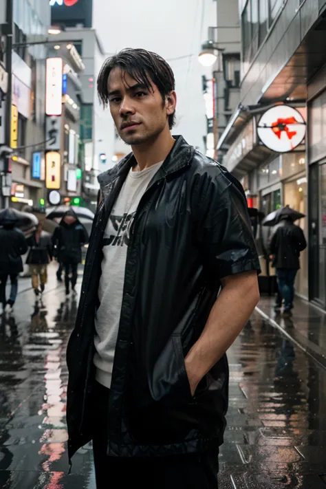 animation,male,standing in rain city japan and hand fuckyou.