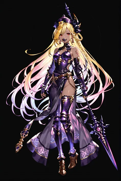 of_HARP, cosplay, chest armor, clothing cutout, belt, bracers, leg armor, brown footwear, highleg leotard, armor, bare shoulders, fingerless gloves, bracers,jewelry, earrings,weapon, spear, holding weapon,,Holy Cross ,  Purple Bodysuit ,Purple Sacred Light...
