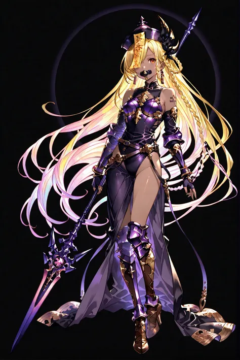 of_HARP, cosplay, chest armor, clothing cutout, belt, bracers, leg armor, brown footwear, highleg leotard, armor, bare shoulders, fingerless gloves, bracers,jewelry, earrings,weapon, spear, holding weapon,,Holy Cross ,  Purple Bodysuit ,Purple Sacred Light...