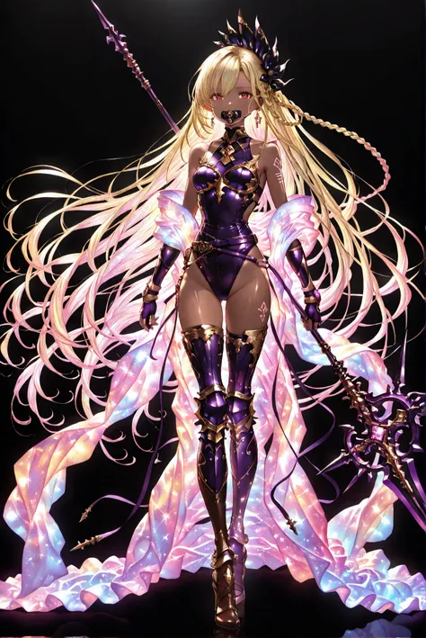 of_HARP, cosplay, chest armor, clothing cutout, belt, bracers, leg armor, brown footwear, highleg leotard, armor, bare shoulders, fingerless gloves, bracers,jewelry, earrings,weapon, spear, holding weapon,Holy Cross ,  Purple Bodysuit ,Purple Sacred Light ...