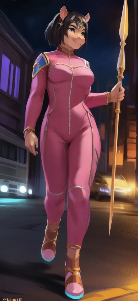  ตามลำพัง , female​ Tall​ ,model, ยืน, road,hippo male , Holding a trident spear like a Goddess Kali., pink military spacesuit ,  น้ำหนักเกิน ,  มัดกล้ามเนื้อ, ยิ้มร้าย , โดย chunie