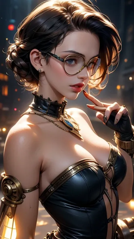 detailed steampunk girl, 1girl, slim petite brunette with small breasts, wearing goggles, intricate steampunk outfit, mechanical gears, cogs, pipes, brass, copper, clockwork, fantasy, cinematic lighting, dramatic atmosphere, detailed face, beautiful eyes, ...