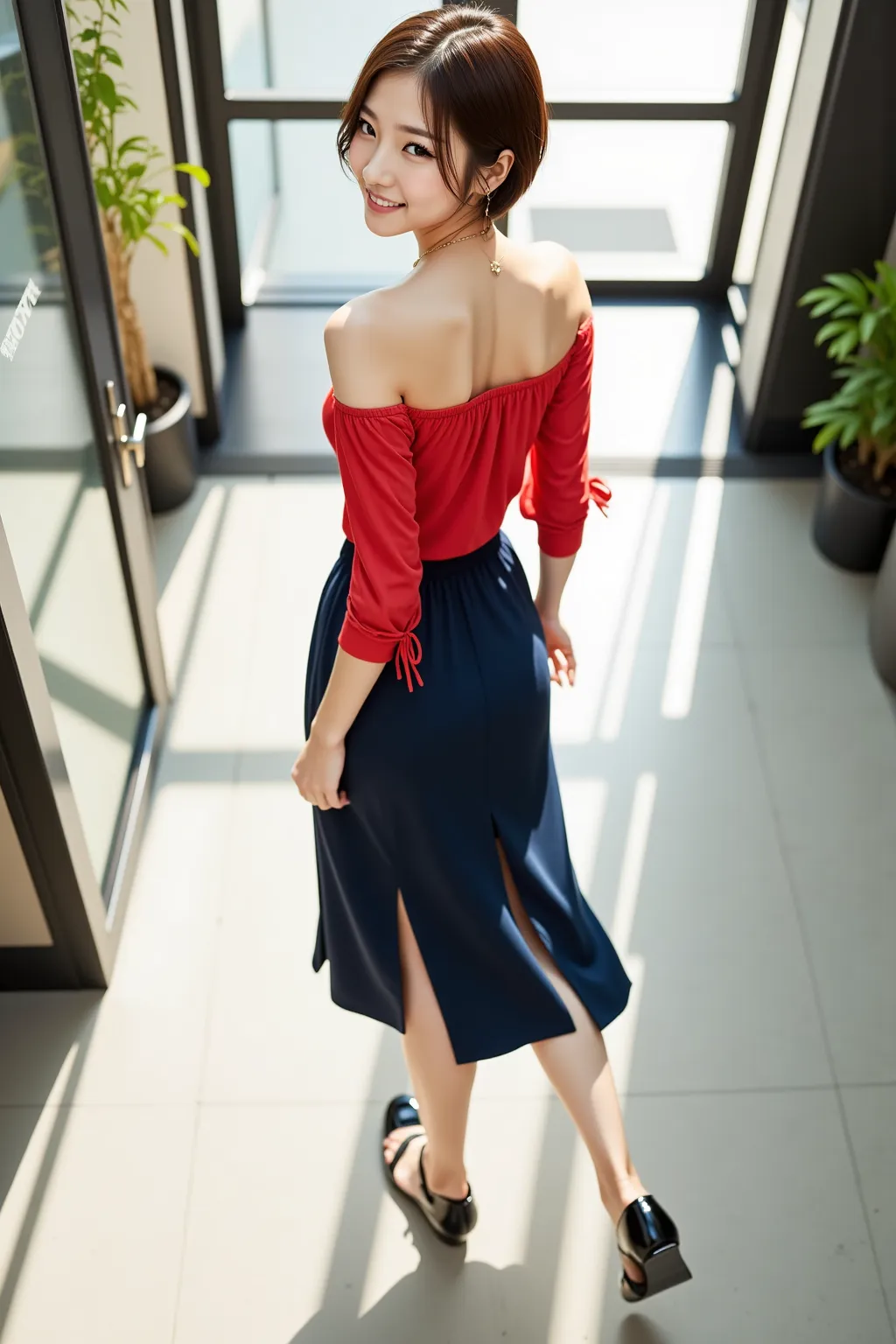 Top view of a Japanese woman in her 30s , natural brown hair color, short, shaggy,  bright red off-the-shoulder blouse,Dark blue knee-length skirt, With slits,

She is walking through the company's high-ceilinged entrance、
She looks back and smiles.
 the m...