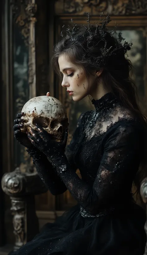 Love that transcends time, high quality, Gothic Horror , one girl, Alone, beautiful women, Queen of the Night , Dark Empress , long dark hair, long eyelashes, eye closed , Thin face, small moles under eyes, moist strip, slender body for a sli...