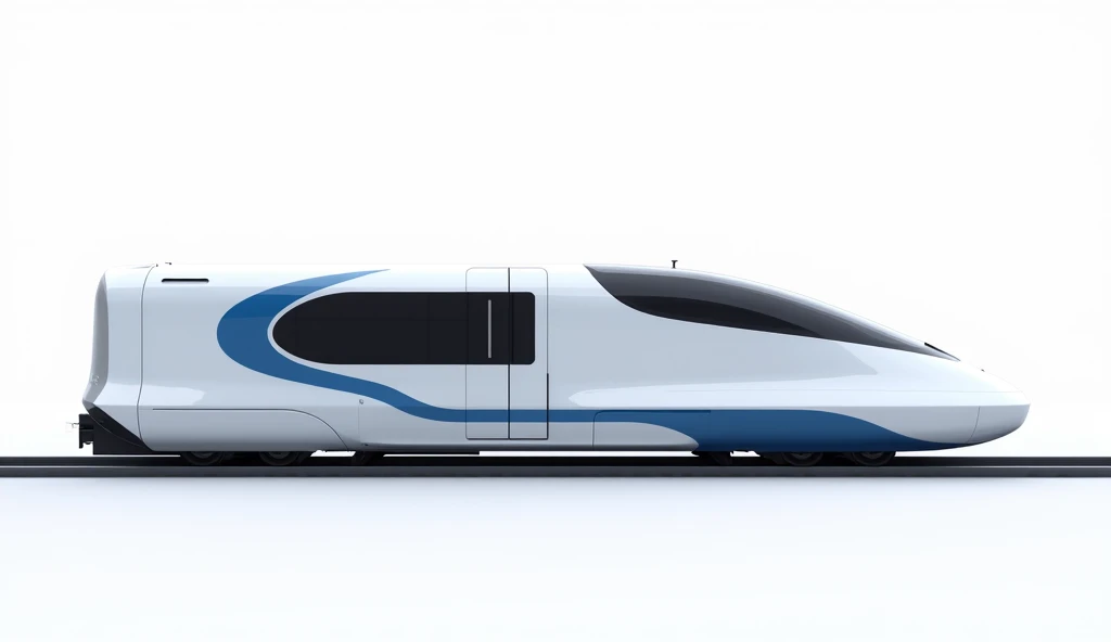  It generates a highly realistic image of a modern high-speed train with an aerodynamic and futuristic design.  The train is predominantly white with blue details in the form of elegant curved lines on the body .  Its design is minimalist ,  with gently cu...