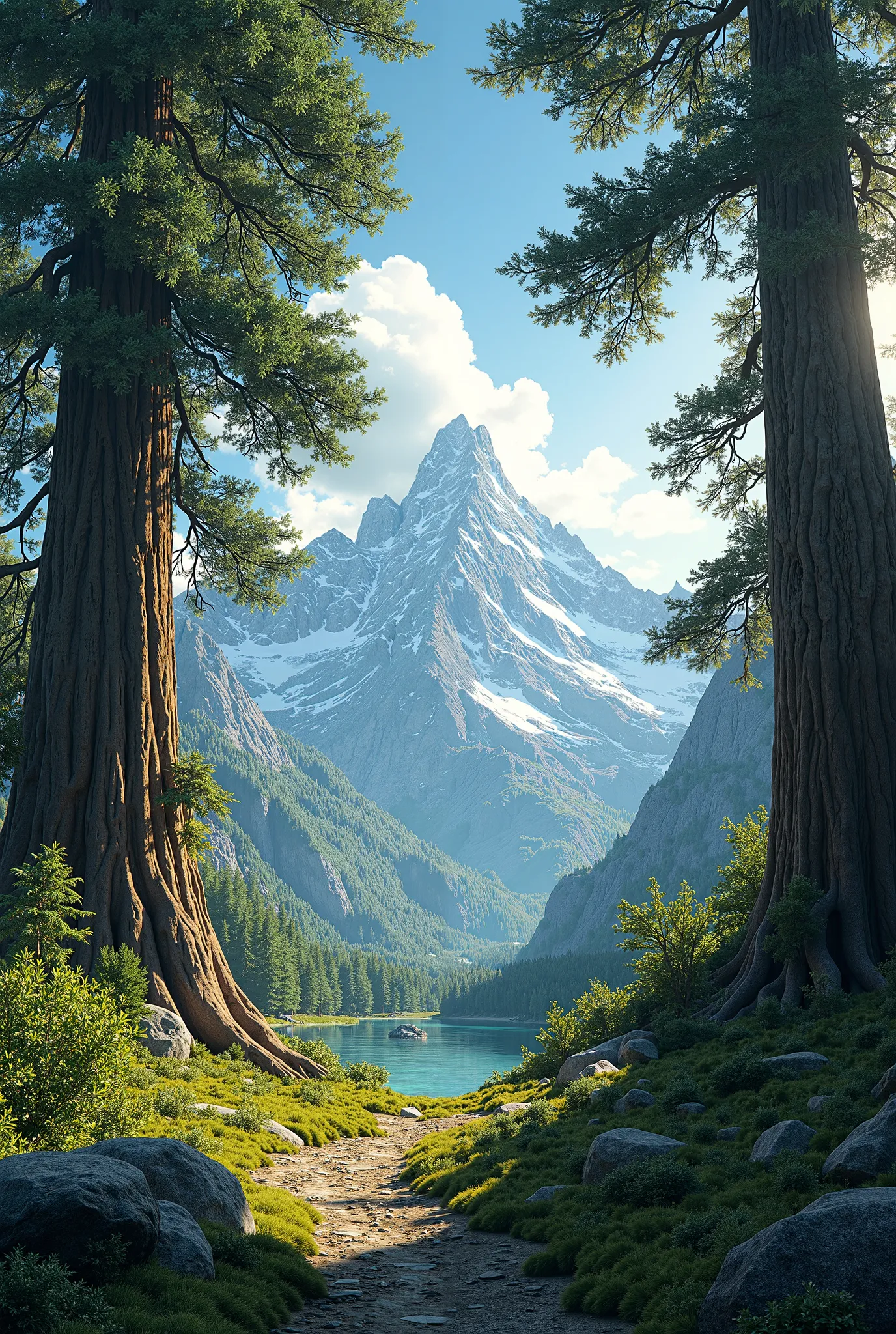 Background image with big trees and mountains 
