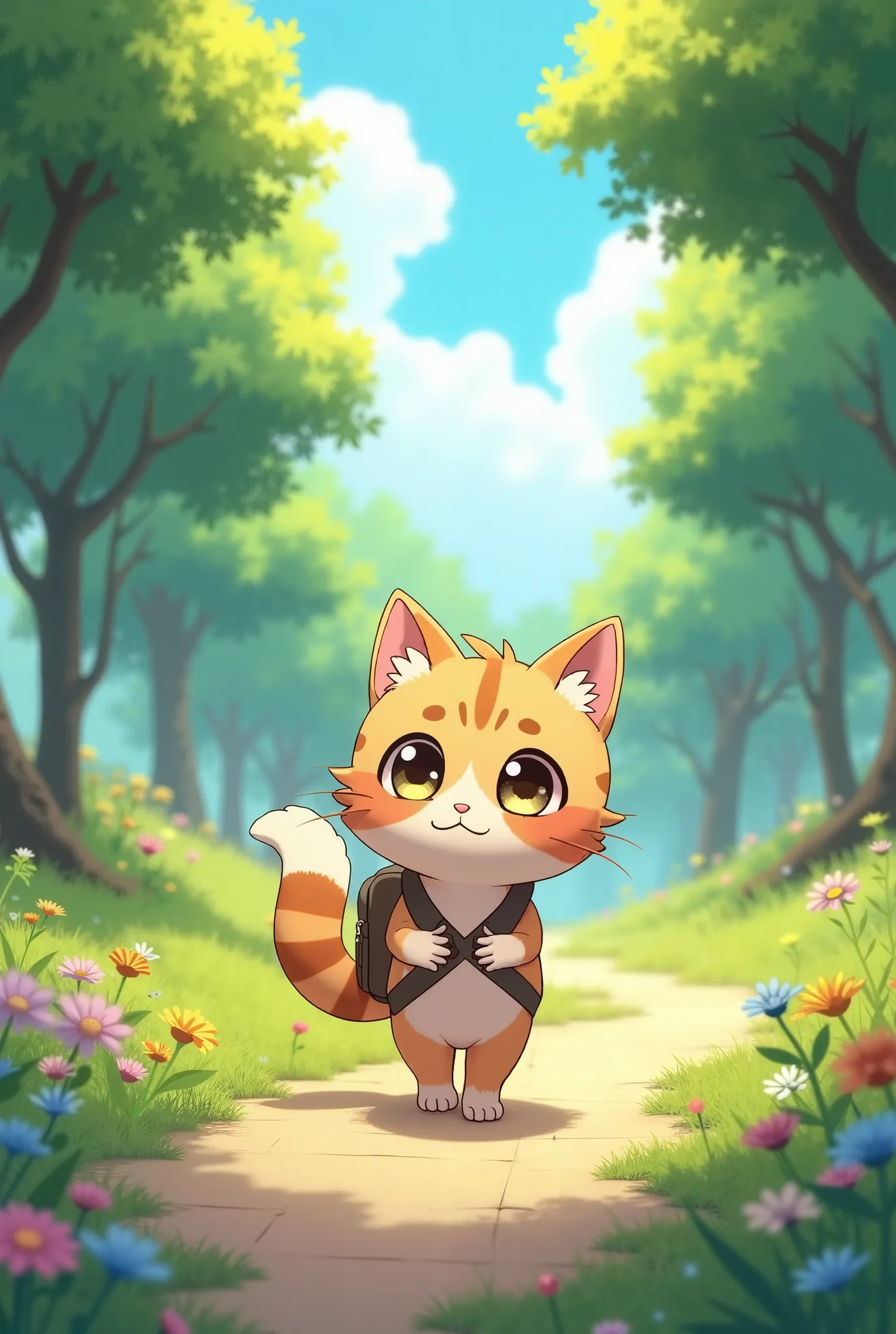 Anime style anime cat with a furry tail walks in the park with a backpack outdoor landscape beautiful weather 