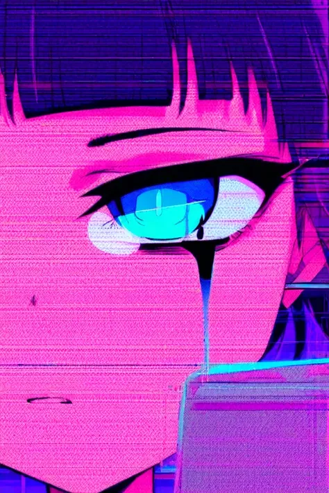 anime girl with dark hair and bangs, cyberpunk style:1.5, synthwave art:1.2, neon colors, magenta and blue lighting, black ink tears under eyes, digital noise, grainy texture, CRT monitor screen background with glitch art digital patterns, sad melancholy e...