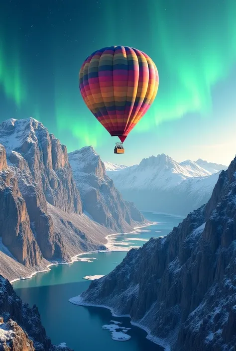 a ton of hot air ballons flying over really big mountains and one ballon is in the centre and is very close to the camera so its big, very colorful, the mountains are arctic mountains, and i want the sky to be with aurora borealis