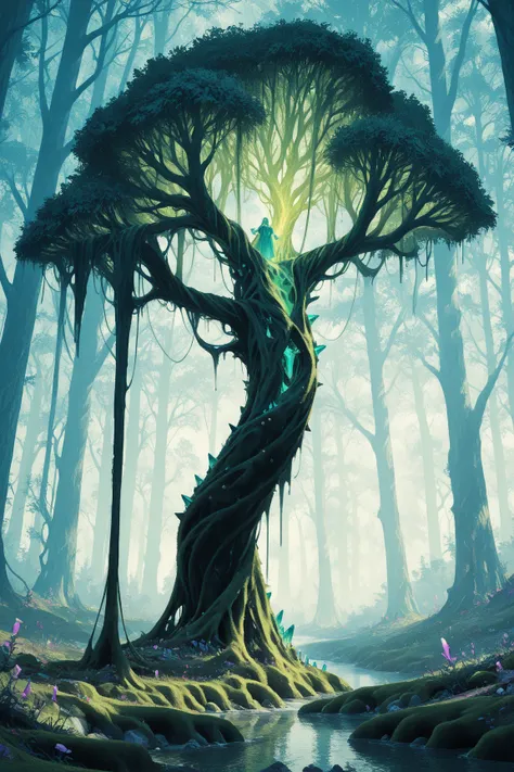 masterpiece, best quality, amazing quality, mystical forest wallpaper at dawn, with towering ancient trees covered in glowing bioluminescent moss, soft beams of sunlight piercing through the canopy, a small crystal-clear stream winding through the scene, v...