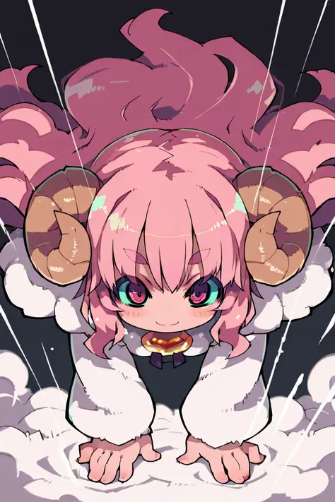 (UHD, Masterpiece, amazing quality, very aesthetic, absurdres, ultra-detailed, Zankuro), 1girl\solo\(ひつじちゃん, Big and soft anime eyes, Thick eyebrows:1.1,Fluffy long hair like a sheep's wool, pink hair, Each and every strand of hair is depicted in detail, S...