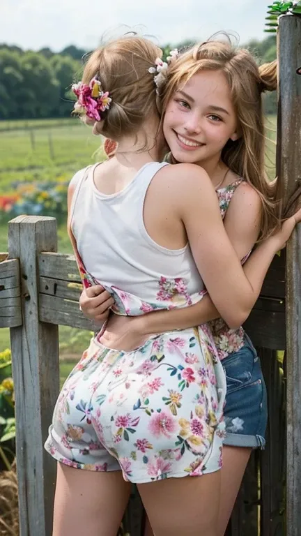  (two girls:1.3), (Fifteen-year-old:1.3), beautiful, (on a farm:1.3),(leaning against a fence:1.3),(hugged:1.3),(1 with blonde hair, wearing 
short denim shorts and white tank top:1.3) ,  (1 with brown hair, wearing short floral dress:1.3),  ( with back to...