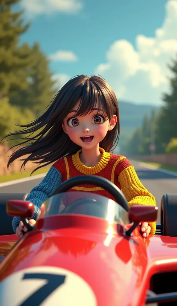  1girl ,  Benetton B190 formula racing car, colorful sweater, windblown hair, driving on a road in nature, joyful atmosphere, 1990s anime style, realistic, 3D rendering, (best quality, 4K, 8k,  highres, masterpiece:1.2), ultra-detailed, (realistic,  photor...