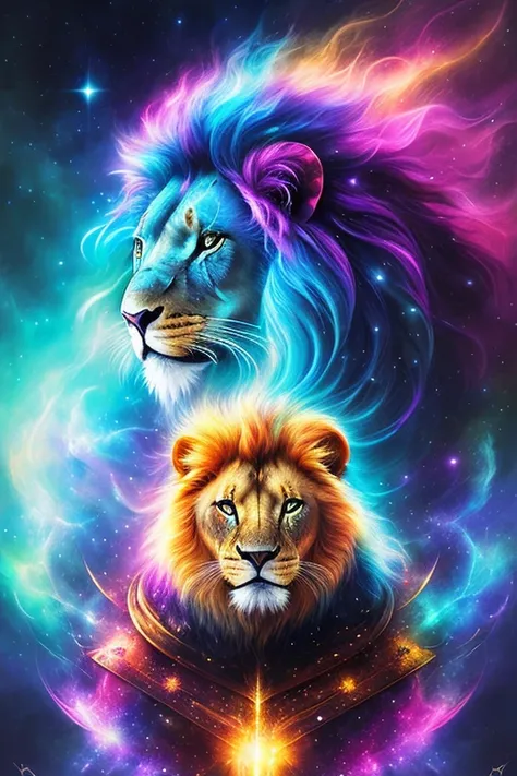  galactic lion with lots of hair on its head,  Electric, fantastic art, anato finnstark,  emulsion paint ,   highly detailed , misty rutkowski , HDR, hyper detailed, contour light,Third dimension, aurora bureal,  galaxy, nebula,  galaxy, stars, Milky Way 