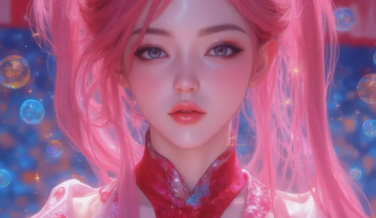 (Masterpiece), (Best Quality), (Super Detailed), (Dirty Hair), (Illustration), (1 Girl) (Long Pink Hair 1.5) (Blue Eyes) (Double Ponytail 2.0), ((((No Shoulders))),Hanfu, (Looking at the Audience, (Interview), (Simple Background), Beautiful and Delicate Ey...