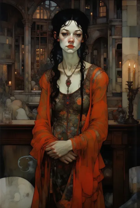 A close-up portrait of a hauntingly beautiful woman stands in a dimly lit, gothic chamber, evoking the ethereal allure of Carmilla as described by Sheridan Le Fanu. Her pale, flawless complexion glows faintly in the muted light, and her long, cascading hai...