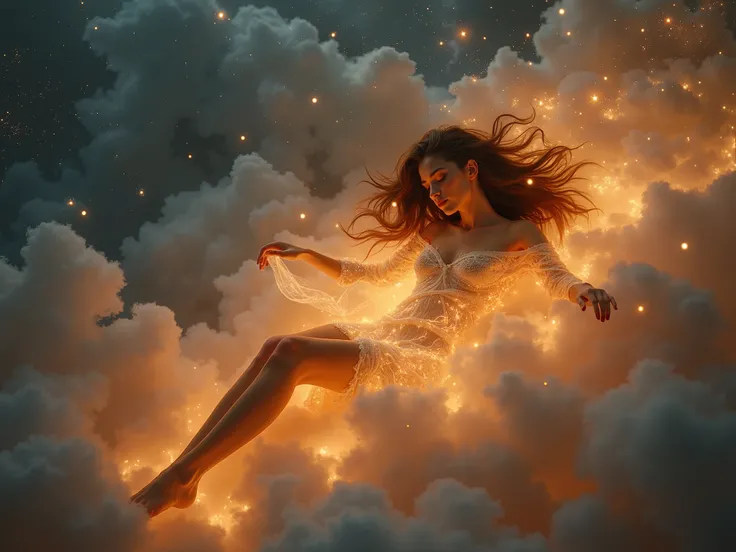 A breathtakingly beautiful young European woman with long, flowing brunette hair, peacefully floating in deep sleep among scattered clouds. Her body is fully visible, with her legs gracefully stretched out. Ethereal orange energy swirls gently around her, ...