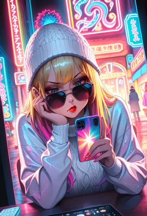 ultra detailed, absolutely resolution, masterpiece.  
psychedelic pop art of beautiful woman, wearing dressed smartly, knitted hat, sunglasses, red lips, pouting while on the phone, meeting place in town. 
iridescent light reflected by a prism, neon lights...