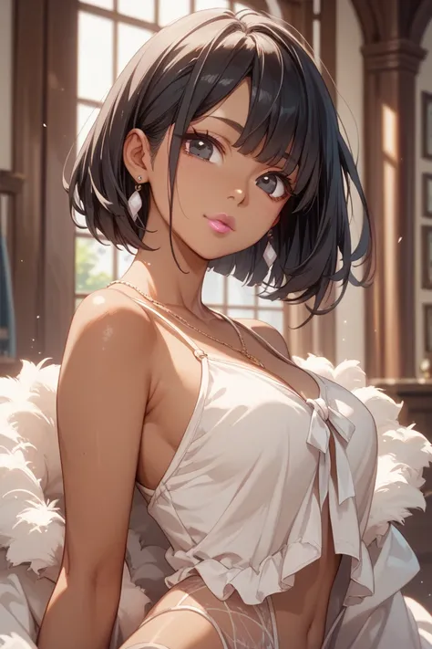  1 girl、 black hair、 bob cut 、Light hair、 big eyes、Black eyes、 long lashes、赤い頬、 pink lips、deep brown skin、 white scrunchies、 highly revealing 、 best quality、 uncensored