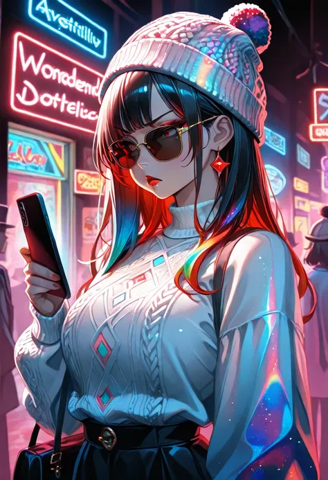 ultra detailed, absolutely resolution, masterpiece.  
psychedelic pop art of beautiful woman, wearing dressed smartly, knitted hat, sunglasses, red lips, pouting while on the phone, meeting place in town. 
iridescent light reflected by a prism, neon lights...