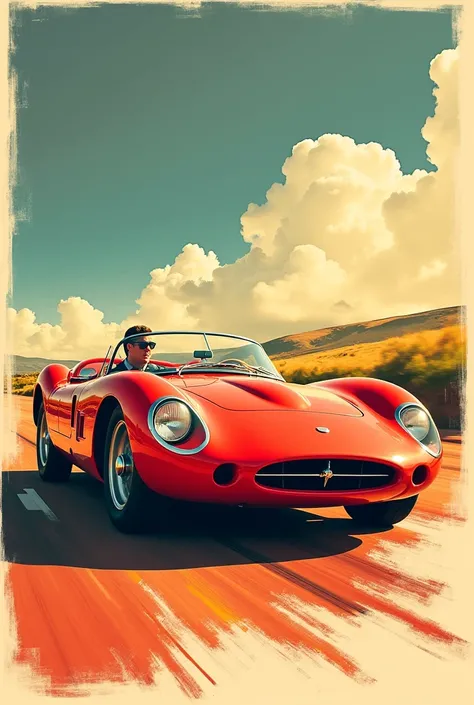 Step back in time with a stunning 1950s advertising poster-style illustration featuring a sleek sports car. This retro masterpiece captures the essence of mid-century automotive design, showcasing bold colors, dynamic lines, and a vibrant energy that defin...