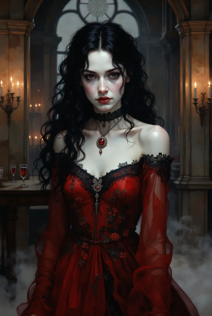 A close-up portrait of a hauntingly beautiful woman stands in a dimly lit, gothic chamber, evoking the ethereal allure of Carmilla as described by Sheridan Le Fanu. Her pale, flawless complexion glows faintly in the muted light, and her long, cascading hai...