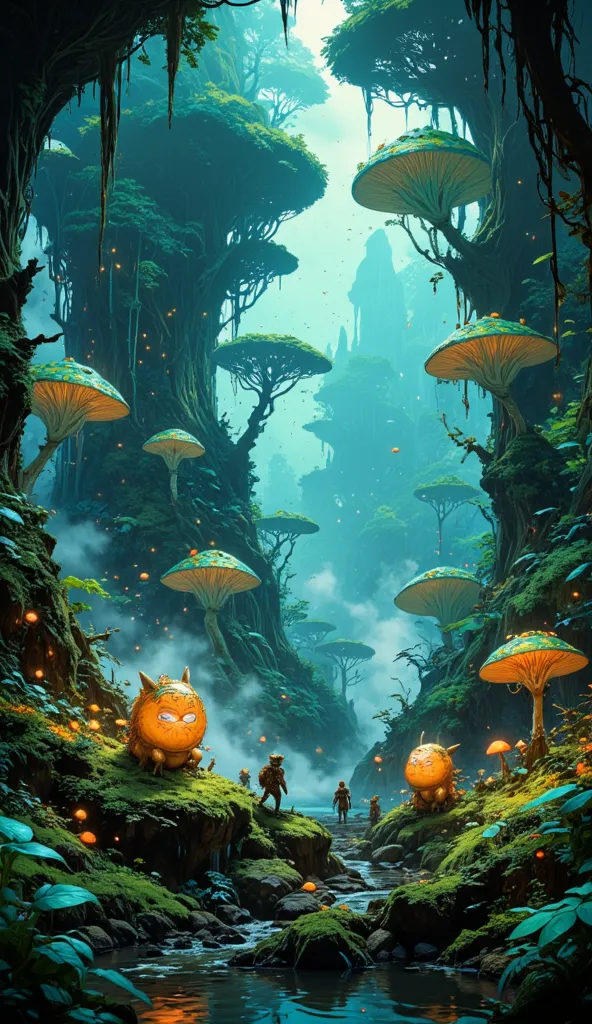 a mysterious, spooky forest with whimsical magical trees, (fantastical teal and gold creatures), detailed landscape, cinematic lighting, fantasy nature scene, concept art style, vibrant neon colors, lush vegetation, glowing mushrooms, sparkling fairy light...