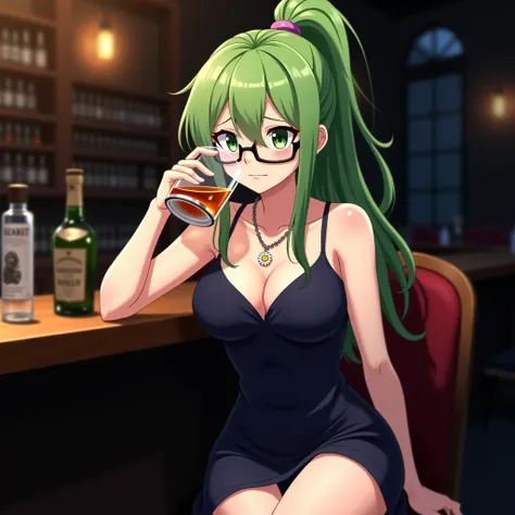 A white-skinned anime-style woman with long green hair tied in a high ponytail, wearing glasses. She has light green eyes, medium-sized breasts, and an average hip size. She is dressed in a navy blue dress that reveals her right leg and right hand. A silve...