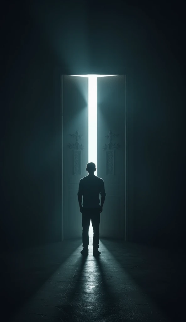 A man standing in front of a closed door, but a bright light shines through the keyhole.