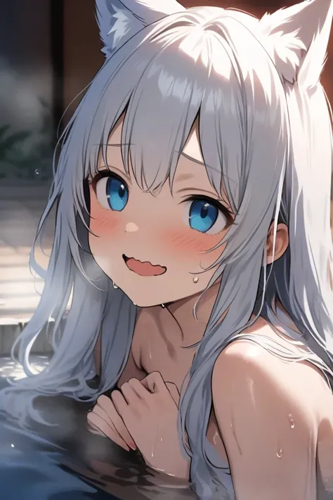 top quality, masterpiece,  high resolution, 8k, (1 girl), Alone,  petite girl, (face shot), (((Silver semi-long hair))), ((( smiles))), Soak in a warm hot spring, (((WAVY MOUTH))), (close up), ((( toro face))), Beautiful girl with blue eyes and cat ears, s...