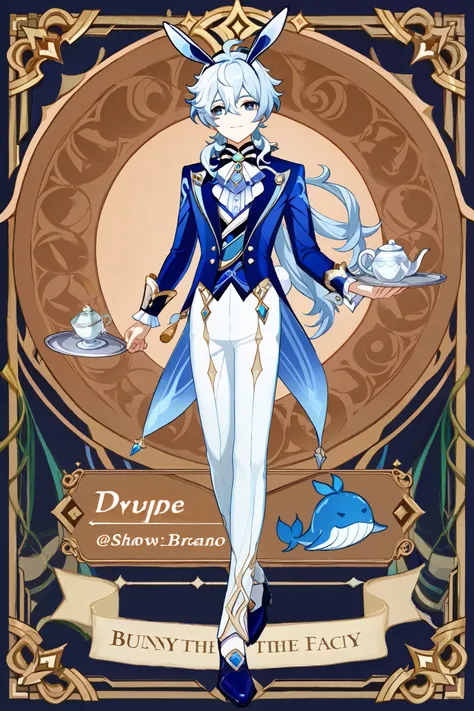 anime, boy,18 years old, Light blue hair,  white hair, Of cups, Dukes, blue details, luxury clothing,  back of elongated hair, Whale tattoo,  inspired by Genshin Impact, Show the pretty face, bunny suit, Prince outfit , blue details e branco