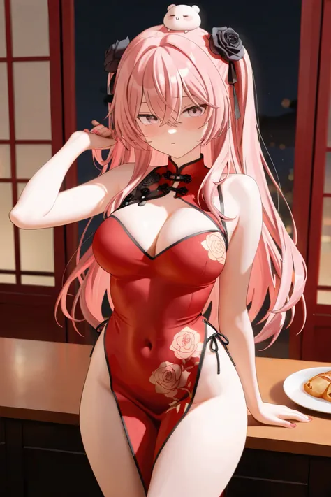 NSFW, Masterpiece, best quality, high resolution, very detailed, Sajuna Inui\( that dress-up doll falls in love\), pink hair、bangs、 shirt、 hair between eyes, two side up、 hair flower、Black Rose, China dress with a bun on the head, sleeveless,Chinese restau...