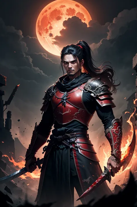 A warrior with long, flowing dark hair tied in a high ponytail, wearing intricate black and dark red armor with a tattered cloak. He stands with a powerful stance, gripping a large, ornate sword with both hands. His gaze is intense and focused, exuding a s...