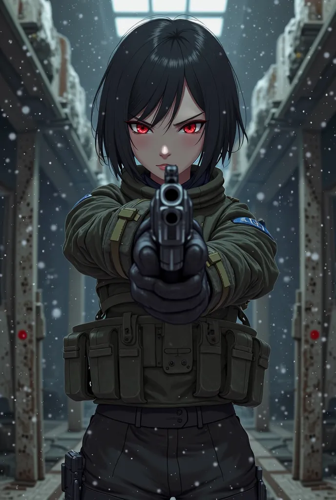 A white anime girl with short black hair ,  red eyes, wearing military clothing holding a caged gun, She is in the snow her expression is serious and focused 