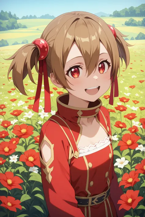 masterpiece,best quality,silica,{{{megami magazine}}},short hair,brown hair,short twintails,hair ribbon,red ribbon,hair between eyes,red eyes,flat breasts,Laugh、Flower Field、 lies down