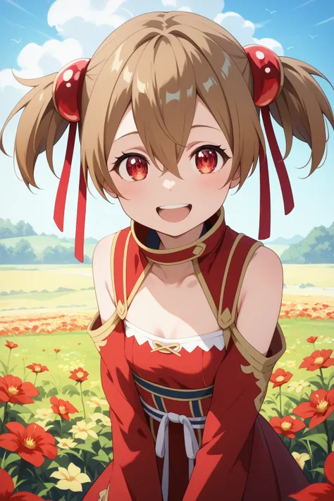 masterpiece,best quality,silica,{{{megami magazine}}},short hair,brown hair,short twintails,hair ribbon,red ribbon,hair between eyes,red eyes,flat breasts,Laugh、Flower Field、 lies down