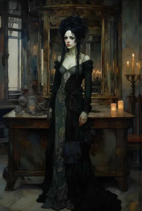 best quality,4k,8k,highres,masterpiece:1.2,ultra-detailed,(realistic,photorealistic,photo-realistic:1.37),beautiful gothic woman,sexy victorian dress,long dark hair,pale skin,dramatic makeup,regal pose,ornate background,candlelight,moody lighting,dark colo...