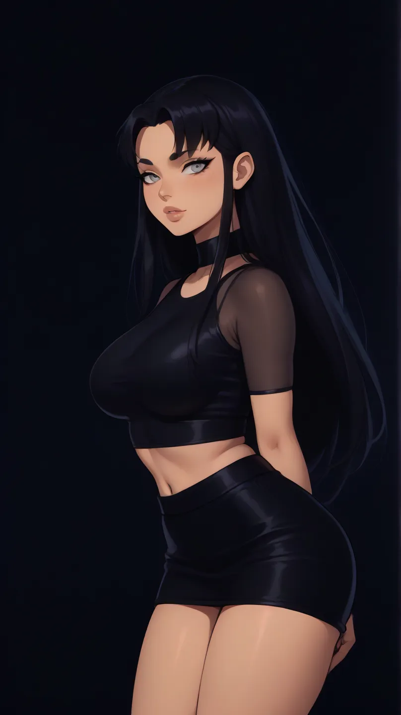 Blackfire style 1girl ,  black hair ,  long hair,   gray eyes,  Thick lips ,  black dress,  long eyelashes ,    talleed  ,  standing in the dark ,  blunt bangs , adult,  intense lighting, BREAK solo ,  big breasts, adult, skinny,  arched back ,  gap betwee...